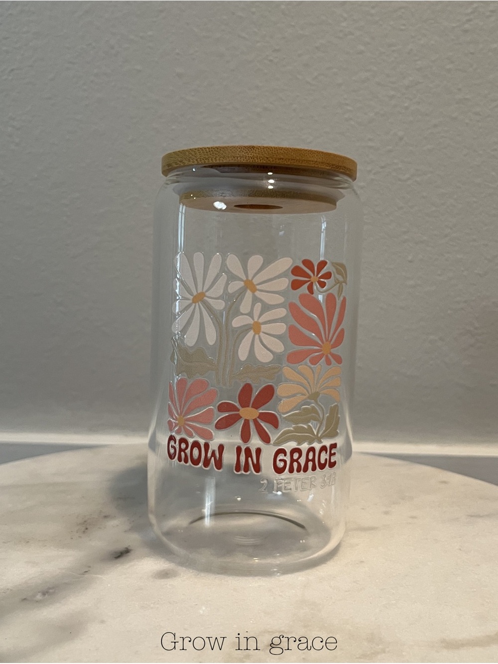 Floral 'Grow in Grace' Glass tumbler cup